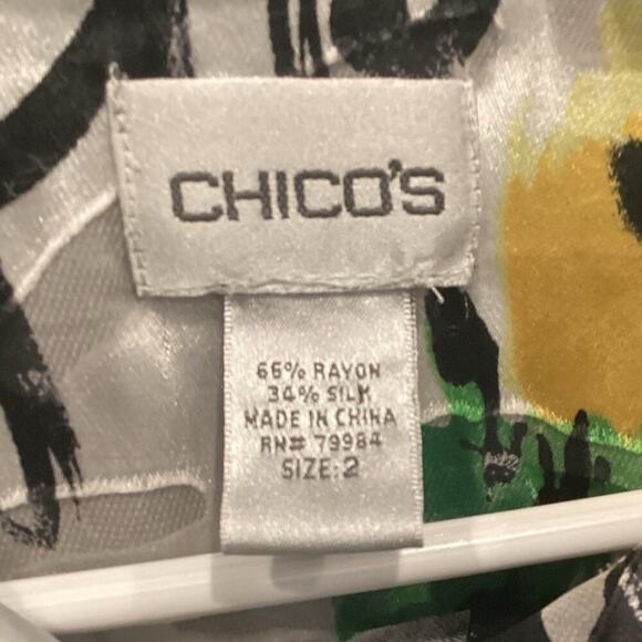 Chico's Womens Button Up Shirt L Large Black White Silk Blend Artsy Boho Work - Picture 2 of 7